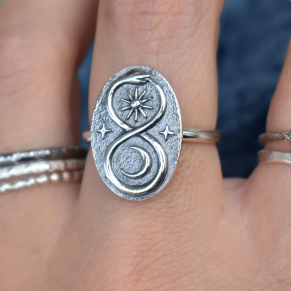 Infinity Snake Ring, Vintage Silver Ouroboros Snake Ring with Moon/Star/Sun, Gothic Death and Rebirth Exaggerated Spirit Ring for Men/Women