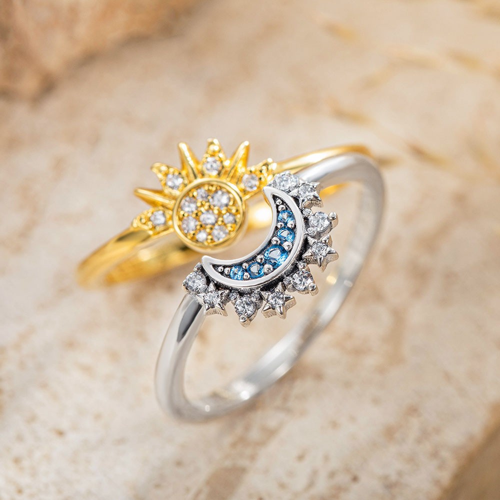 Hemelse blauwe sprankelende maan ring &amp; gouden sprankelende zon ring, paar ringen set van 2, sterling zilver 925 sieraden, cadeau voor paar/jonggehuwden