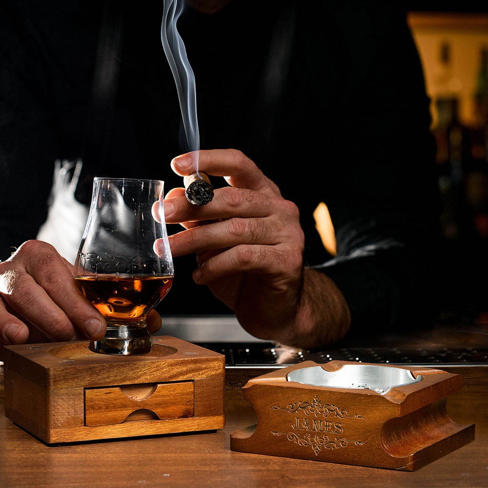 Custom Whiskey & Cigar Tray Glass Holder, 2 in 1 Wooden Cigar Ashtray With Whiskey Glass Holder, Birthday/Groomsmen/Father's Day Gift for Men