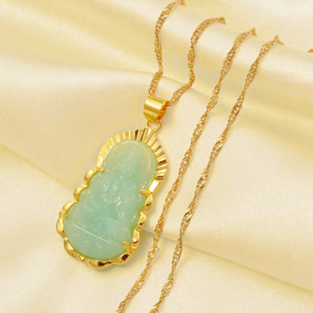 Jade Buddha Necklace, Buddha on a Lotus Flower Pendant Necklace, Chinese Style Gautama Buddhist Guanyin Pendant Necklace, Amulet Jewelry