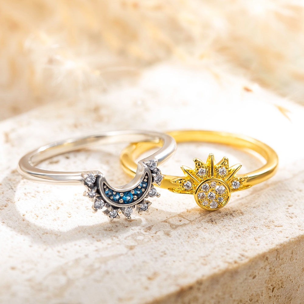 Celestial Blue Sparkling Moon Ring &amp; Golden Sparkling Sun Ring, Parringar Set med 2, Sterling Silver 925 smycken, present till par/nygifta