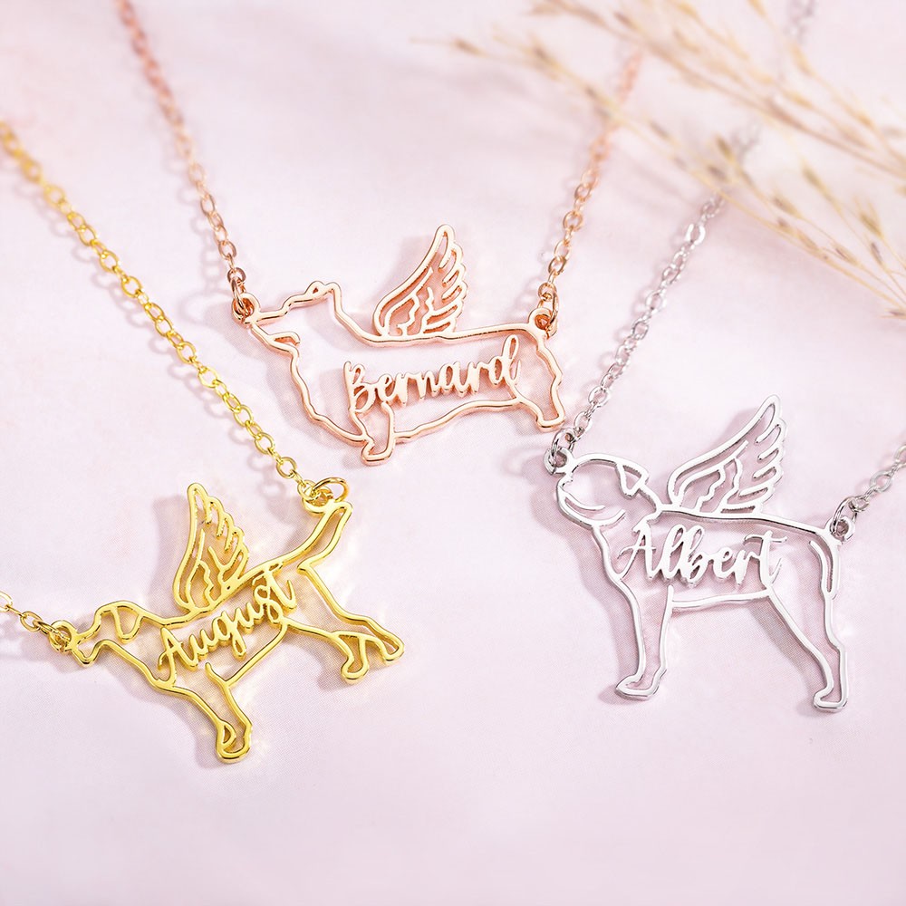 Custom Name Dog Necklace, Angle Wing Necklace, Dog Breed Silhouette Necklace, Animal Jewelry, Memorial Gift for Pet Loss, Gift for Dog Mom/Pet Lover
