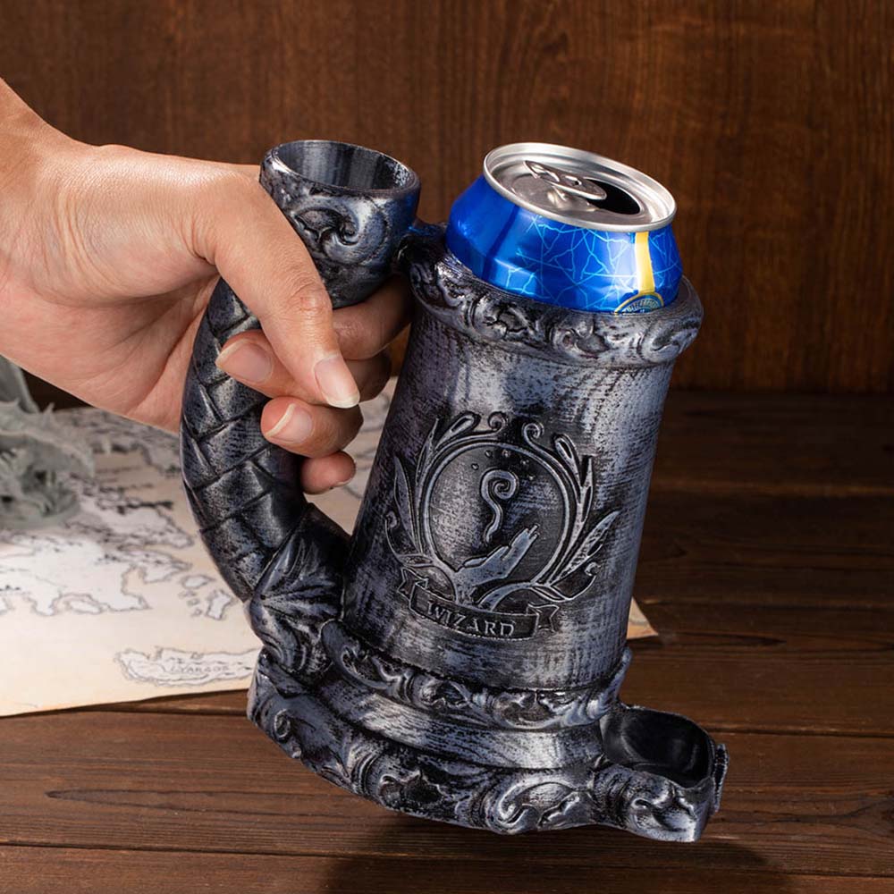 Wolf Crest Dice Tower Mug, Class Mug with Built-in Can Holder, Built-in Can Cozy, For DND Lovers