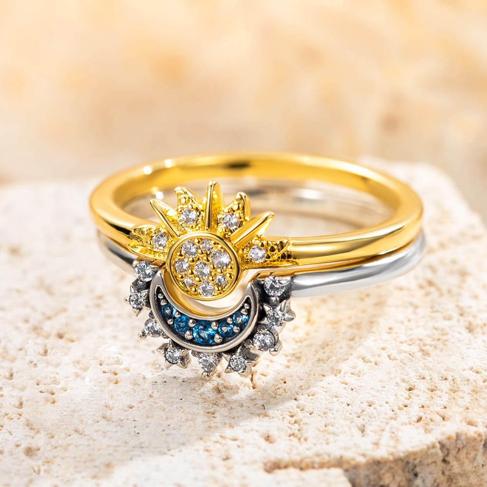 Hemelse blauwe sprankelende maan ring &amp; gouden sprankelende zon ring, paar ringen set van 2, sterling zilver 925 sieraden, cadeau voor paar/jonggehuwden