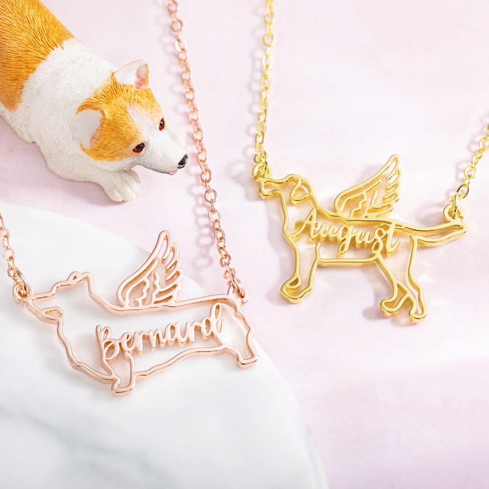 Custom Name Dog Necklace, Angle Wing Necklace, Dog Breed Silhouette Necklace, Animal Jewelry, Memorial Gift for Pet Loss, Gift for Dog Mom/Pet Lover