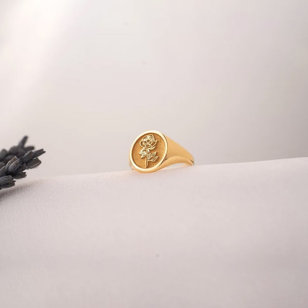 Gift for Her, Custom Signet Ring with Birth Flower and Sunflower, Floral Jewelry, Personalized Pinky Ring for Women