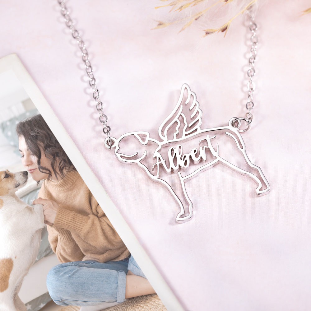 Custom Dog Necklace, Dog Memorial Name Necklace, Dog Memorial Necklace, Dog Breed Silhouette Necklace, Dog Necklace with Angel Wings, Dog Mom Gifts