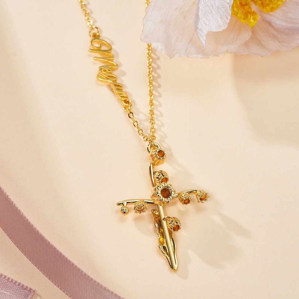 Birth Flower Gold Cross Necklace, Cross with Flowers Floral Pendant Necklace, Mother's Day Gift, Push Present Personalized Gift for Mom Wife