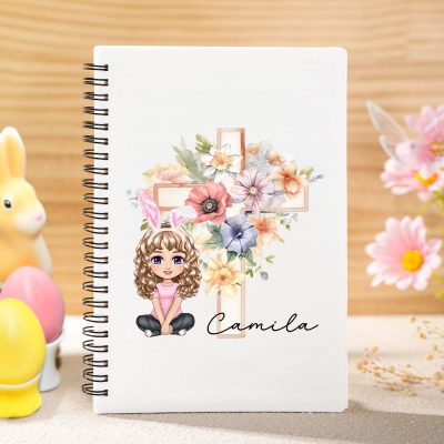 Personalized Cross Birth Flower Cartoon Character A5 Notebook with Bunny Ears and Name, School Supplies, Easter Gift for Kids/Boys/Girls/Students