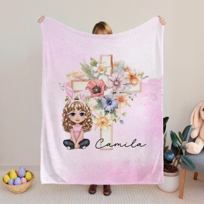 Personalized Easter Cross Birth Flower Blanket with Name and Bunny, Soft Fleece Sherpa Throw Blanket, Easter Home Decor, Gift for Kids/Boys/Girls