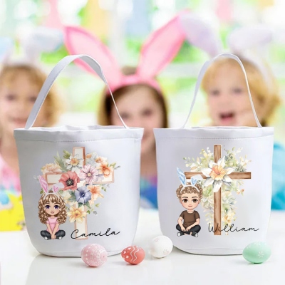 Personalized Cross Birth Flower Cartoon Character Basket with Name and Bunny Ears, Easter Egg Hunt Bucket Bag, Easter Gift for Kids/Boys/Girls