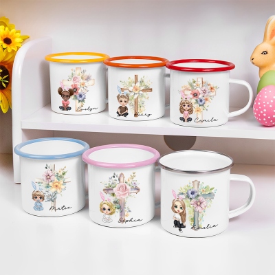Personalized Enamel Cross Birth Flower Cartoon Character Cup with Name and Bunny Ears, Easter Basket Stuffer, Cute Easter Mug Gift for Kids/Boys/Girls