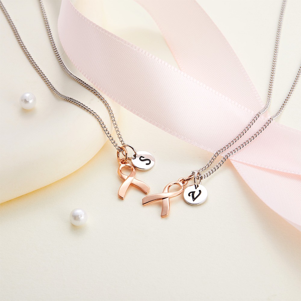 Personalized Initial Breast Cancer Survivor Necklace, Awareness Pink Ribbon Charm Necklace, Sterling Silver Jewelry, Cancer Survivor Gifts for Women