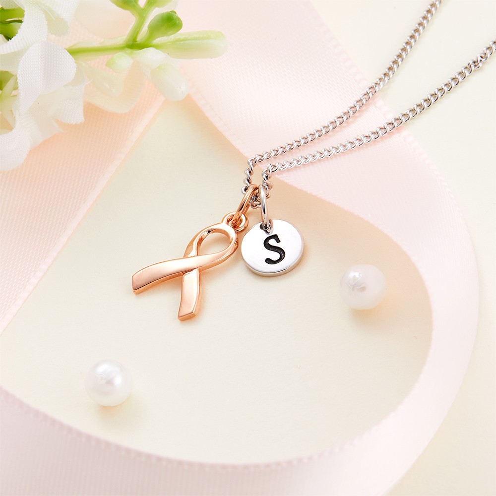 Personalized Initial Breast Cancer Survivor Necklace, Awareness Pink Ribbon Charm Necklace, Sterling Silver Jewelry, Cancer Survivor Gifts for Women