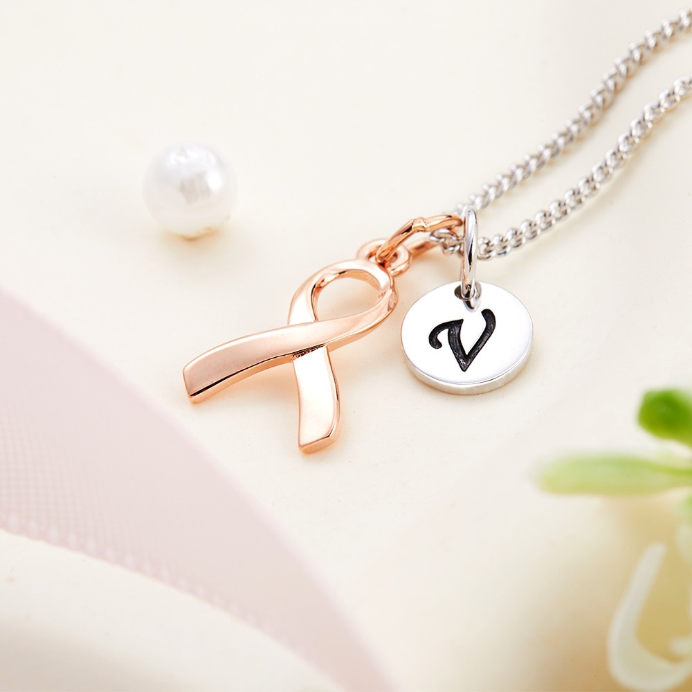 Gepersonaliseerde initiële borstkanker Survivor ketting, bewustzijn Pink Ribbon Charm Necklace, Sterling zilveren sieraden, Cancer Survivor geschenken voor vrouwen