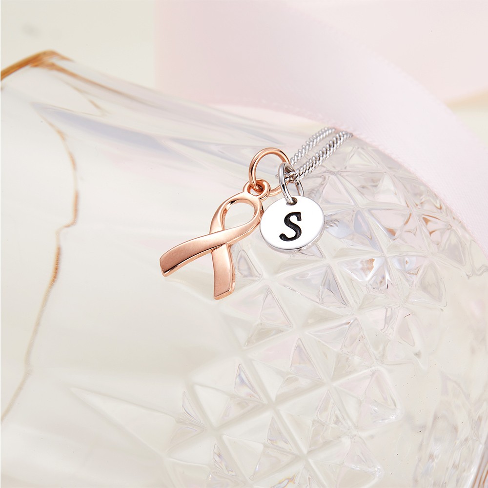 Collana iniziale personalizzata per sopravvissuta al cancro al seno, collana con ciondolo a forma di nastro rosa di consapevolezza, gioielli in argento sterling, regali sopravvissuti al cancro per le donne