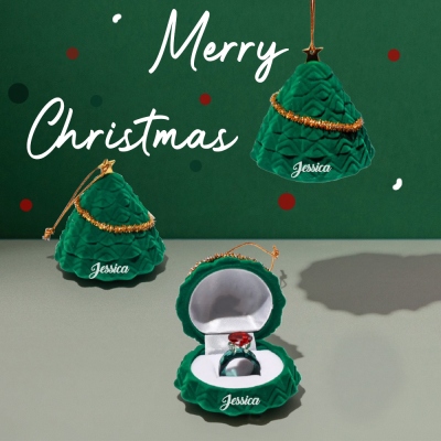 Personalized Name Christmas Tree Shape Ring Box and Ring, Cute Ring Holder with Heart/Square Ring, Christmas Gift for Wife/Girlfriend/Sister/Her