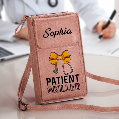 Custom Name Coquette Bow Stethoscope Leather Crossbody Phone Bag, Phone Wallet Purse with Adjustable Strap, Appreciation Gift for Nurse/Doctor