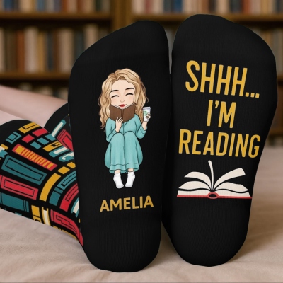 Personalized Cartoon Character Literary Themed Crew Socks with Name, Custom Bookish Gifts for Readers/Bookworms