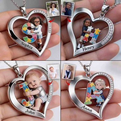 Personalized Photo Autism Awareness Heart Alphabet Necklace, Cartoon Puzzle Portrait Pendant, Anniversary/Birthday Gift for Autism Family/Kids/Parents