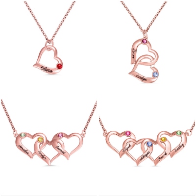 Personalized Intertwined Hearts Necklace with Birthstone in Rose Gold