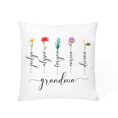 Taie d'oreiller personnalisée avec fleur de naissance, cadeau de grand-mère avec noms de petits-enfants et fleurs de mois de naissance, taie d'oreiller en polyester, cadeau pour grand-mère/mère