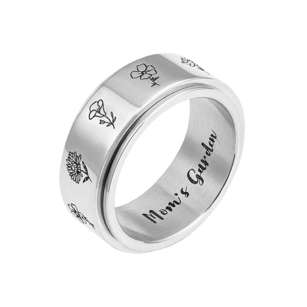 Anel de flores de nascimento personalizado, anel esculpido em aço inoxidável com 1-13 flores, anel floral jardim da vovó presentes para mulheres/mãe/avó