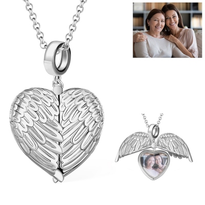 Personalized Photo Locket Necklace, Heart Shape Locket Necklace with Wings, Engraved Photo Necklace, Wing Necklace for Family/Mom/Friends
