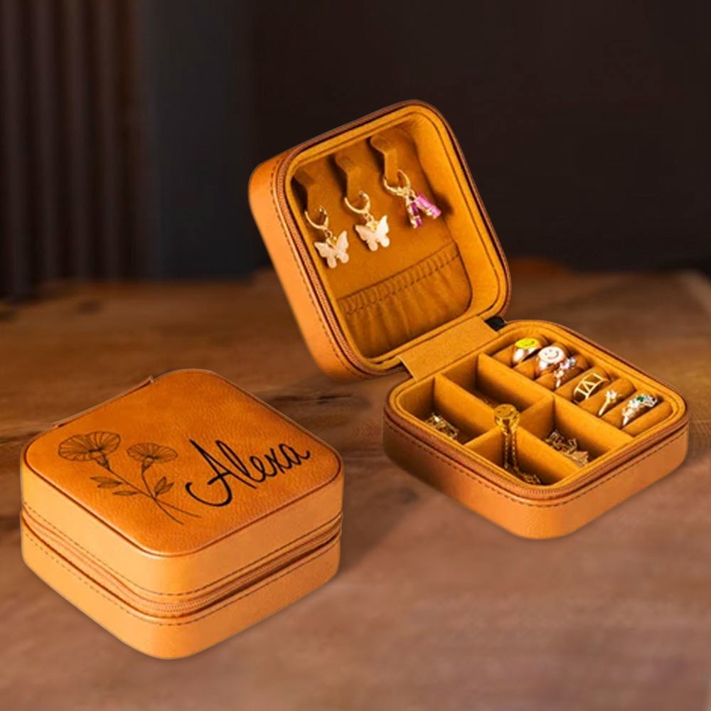 Personalized Birth Flower Jewelry Travel Case, Birthday Gift, Custom