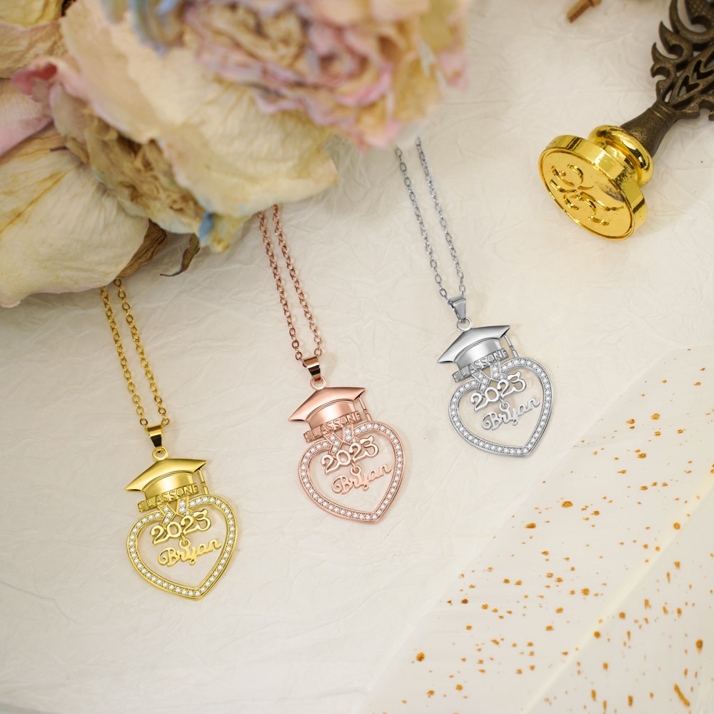 Personalized Name Heart Graduation Necklace, Sterling Silver 925 Bachelor Hat Necklace, Graduation Souvenir, Graduation Gift for Graduates/Daughter