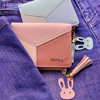 Portefeuille personnalisé pour petite femme mignonne, portefeuille personnalisé lapin rose et bleu, porte-cartes petit portefeuille à fermeture éclair, cadeau d'anniversaire pour elle/fille