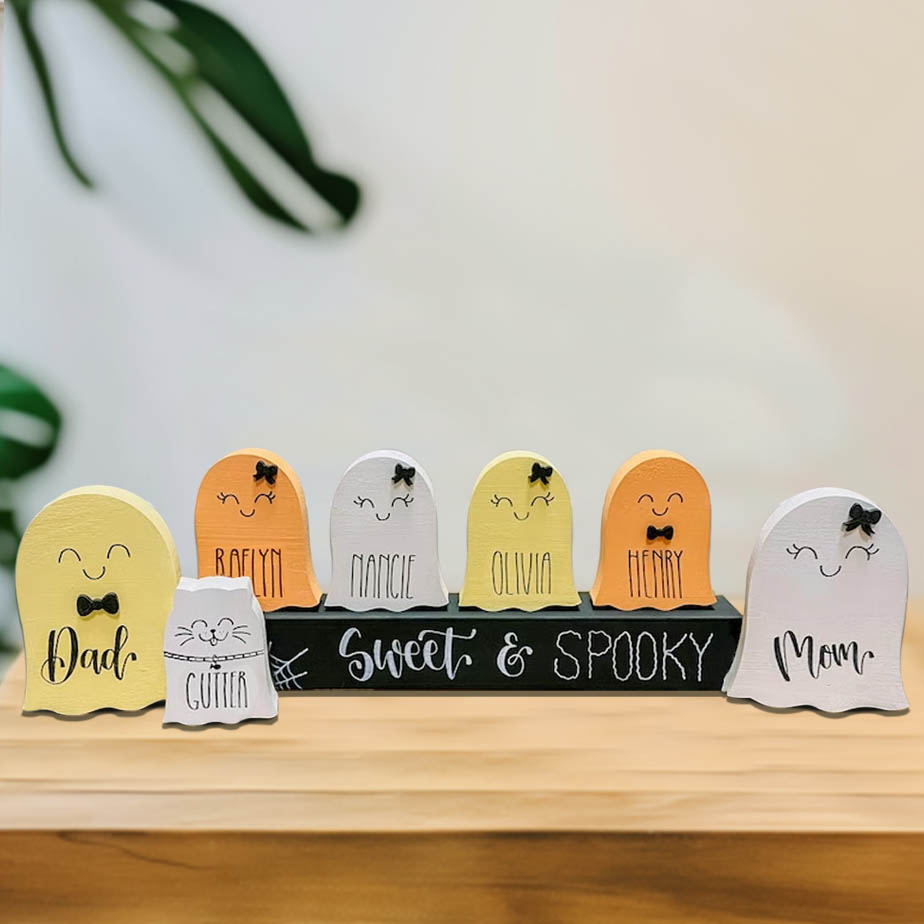 Custom Name Ghost Family Blocks, Personalized Wooden Halloween Ghost