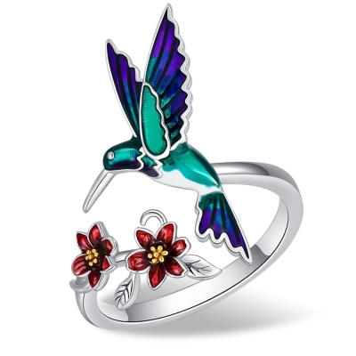 Custom Name Hummingbird Ring, Hummingbird Ring with Red Bell Flower, Hummingbird Stacking Ring, Adjustable Ring, Birds Pendant Ring, Gifts for Women