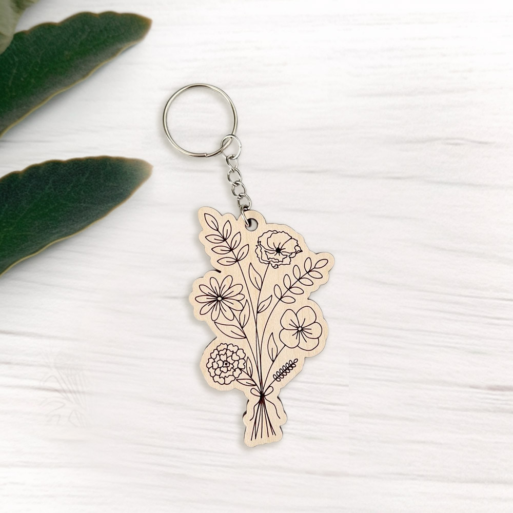 Custom Birth Month Bouquet Keychain, Birth Flower Wooden Keychain ...