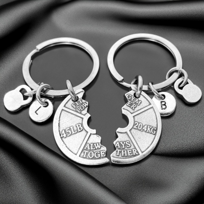 Personalisierter Schlüsselanhänger mit Initiale „Always Together“, Schlüsselanhänger für Fitnessstudio-Paare mit Hantelscheibe, Geschenke für das Fitnessstudio, inspirierende Geschenke, Geschenke für Sportliebhaber/-paare