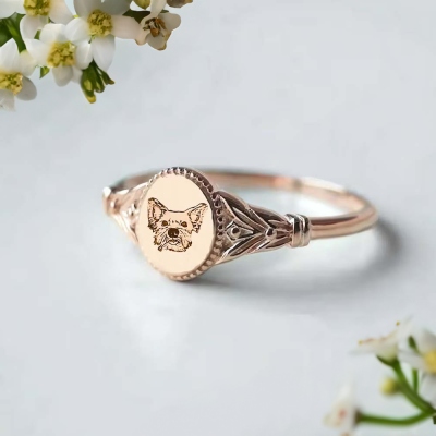 Personalized Name Pet Portrait Ring, Dog/Cat Paw Print Ring, Vintage Silver Jewelry, Pet Memorial/Loss Gift, Gift for Pet Lovers/Cat Lover/Dog Mom