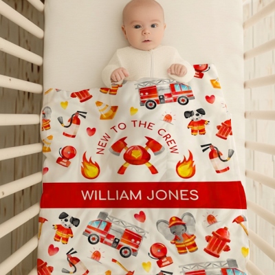 Personalized Name Firefighter Blanket, Firetruck Baby Blanket, Custom Flannel Name Blanket, Fireman Baby Shower Gift, Gift for Newborn//New Mom/Kid