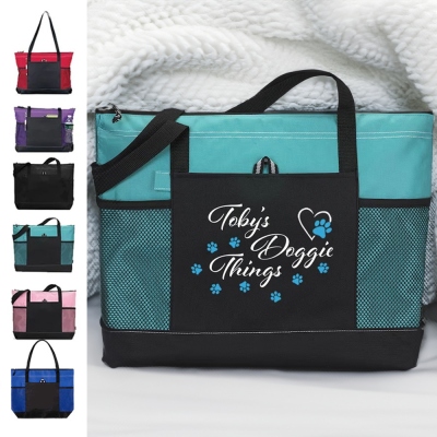 Personalized Doggie Things Pet Tote Bag with Zipper, Custom Pet Travel Daycare Bag, New Puppy Gift, Pet Groomer Gift for Pet Lover/Pet Owner