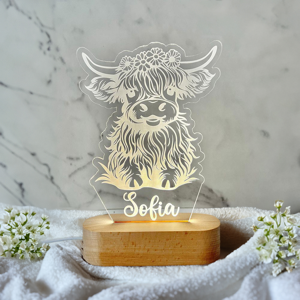 Nome personalizzato Luce della mucca delle Highland, Insegna LED  personalizzata per la camera da letto Decorazioni per la casa, Insegna  luminosa della lampada della mucca con corona di fiori selvatici, Regalo per