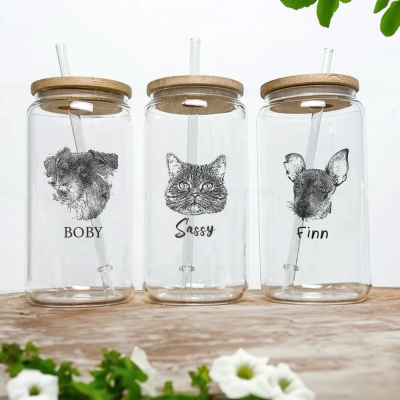 Gift for Pet Lover/Owner, Personalized Name Pet Portrait Glass Up, Custom 16oz Soda Can Glass, Housewarming Gift, Tumbler with Straw & Bamboo Lid