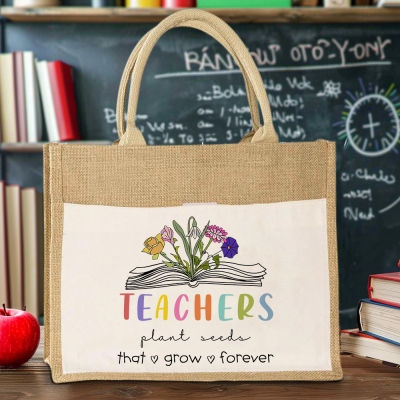 Custom Book Birth Flower Teacher's Jute Bag, Teachers Plant Seeds That Grow Forever Burlap Tote Bag, Teacher's Day/Appreciation Gift for Teachers