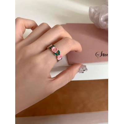 French Vintage Enamel Rose Ring, Unique, Exquisite, High-End Design for Women