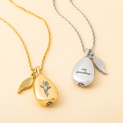 Aangepaste geboorte bloem drop urn ketting voor as, huisdier urn Memorial ketting met vleugel, crematie sieraden, Memorial aandenken, cadeau voor haar/huisdierenliefhebber