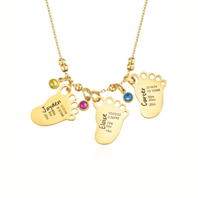 Collier personnalisé avec empreintes de naissance de bébé gravées multiples avec pierre de naissance, annonce de naissance de nouveau-né, cadeau de Noël/fête des mères pour une nouvelle maman