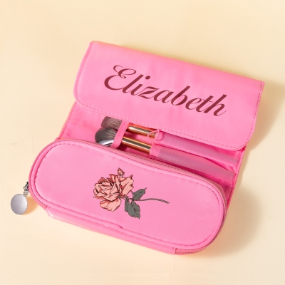 Personalisierte Schminktasche mit Geburtsblume und Namen, faltbare wasserdichte Aufbewahrungstasche für Schminkpinsel, Geburtstags-/Weihnachtsgeschenk für Makeup-Künstler/Make-up-Liebhaber/Sie