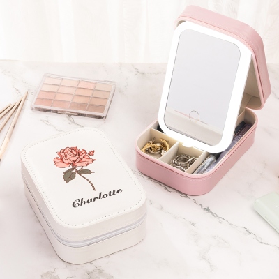 Coffret de maquillage personnalisé avec fleur de naissance et miroir de maquillage réglable à LED tricolore, boîte de rangement de bijoux en cuir étanche, cadeau d'anniversaire/de Noël pour elle