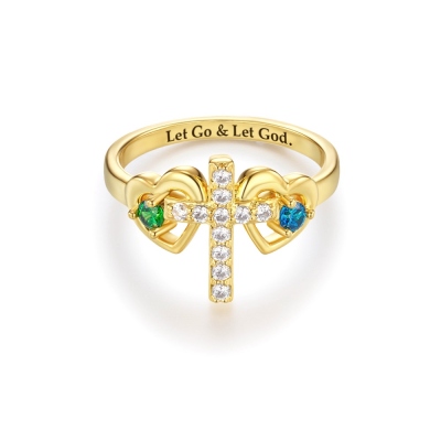 Ring mit individueller Gravur und zwei Geburtssteinen, Herzen und Kreuz, Let Go and Let God Ring, Familienschmuck, christliches Geschenk auf Glaubensbasis für Mama/beste Freundin