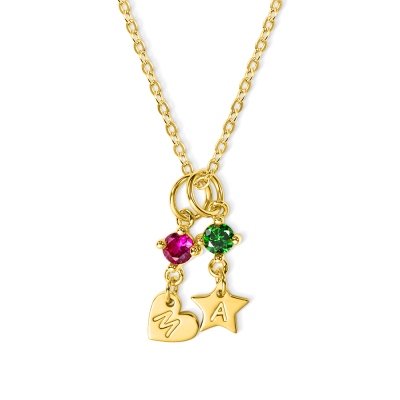 Custom Initial Necklace with Birthstone, 1-6 Engraved Initial Star & Heart Charms with Birthstones Pendant, Family Jewelry, Gift for Mom/Best Friends