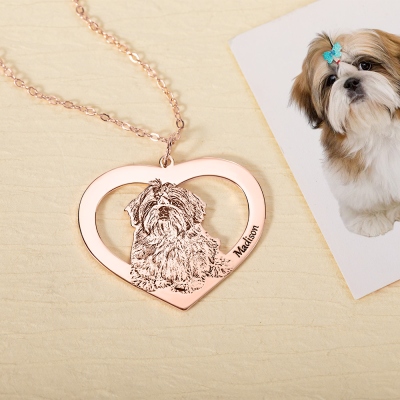 Personalized Cute Pet Portrait Heart Necklace, Name Engraved Pet Photo Necklace, Pet Memorial Jewelry, Christmas/Anniversary Gift for Pet Lover/Her