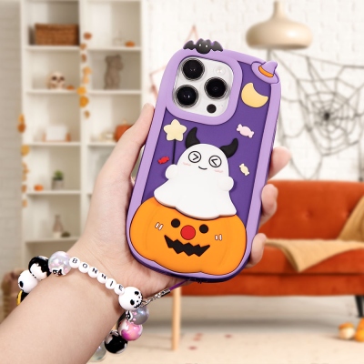 Coque de téléphone personnalisée 3D en forme de citrouille fantôme avec bracelet en perles et nom, coque de téléphone effrayante pour iPhone, cadeau d'Halloween pour la famille/les amis